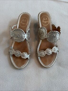 Jack Rogers Metallic Platinum Leather Slide Sandals with Medallion Trim